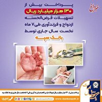 پرداخت بیش از 130 هزار میلیارد ریال تسهیلات قرض الحسنه ازدواج و فرزندآوری طی 7 ماه نخست سال جاری توسط بانک سپه
