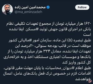 ۱۶۲۰ هزار میلیارد تومان از مجموع تعهدات تکلیفی نظام بانکی در اجرای قانون جهش تولید مسکن  ایفا نشده است‏