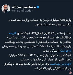 واریز ۲۸۵ میلیارد تومان به حساب وزارت بهداشت با پیگیری دیوان محاسبات کشور